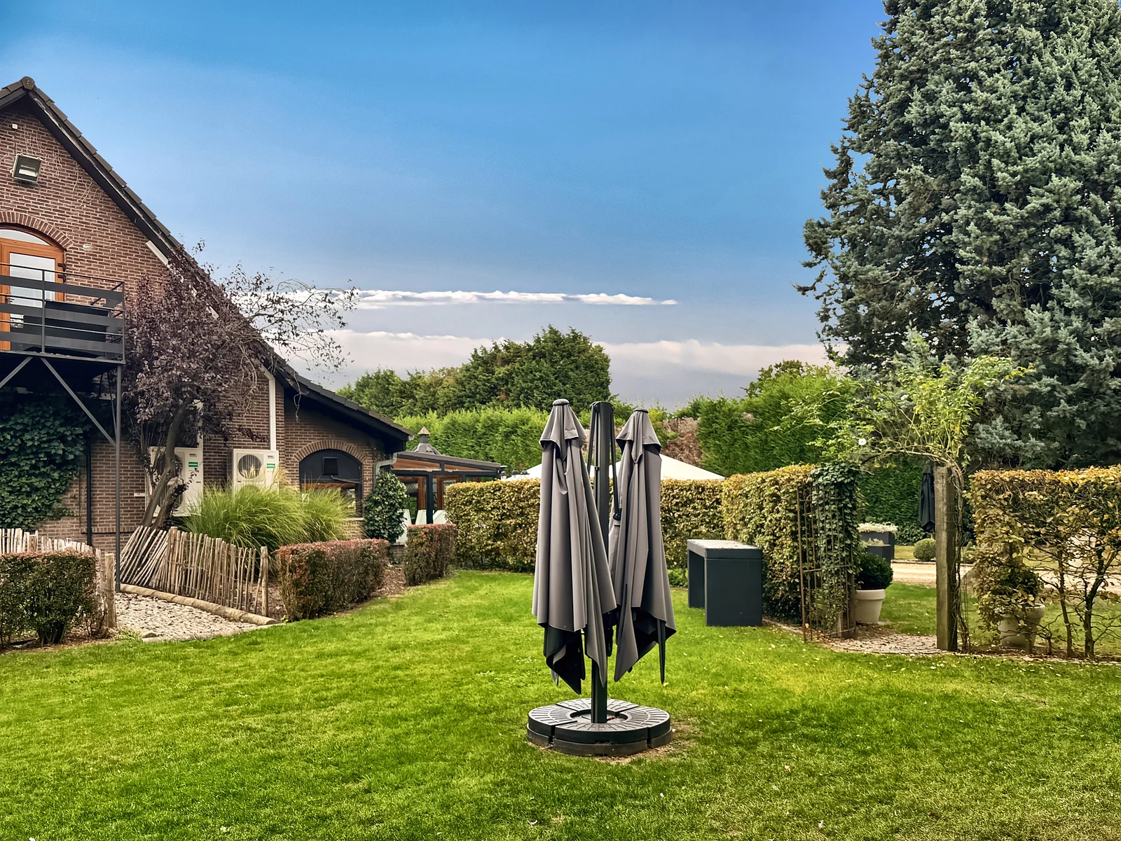 La pelouse du jardin et ses parasols